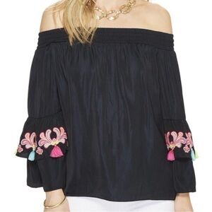 Lilly Pulitzer Tobyn Off The Shoulder Neon Tassel Onyx Black Top Blouse small
